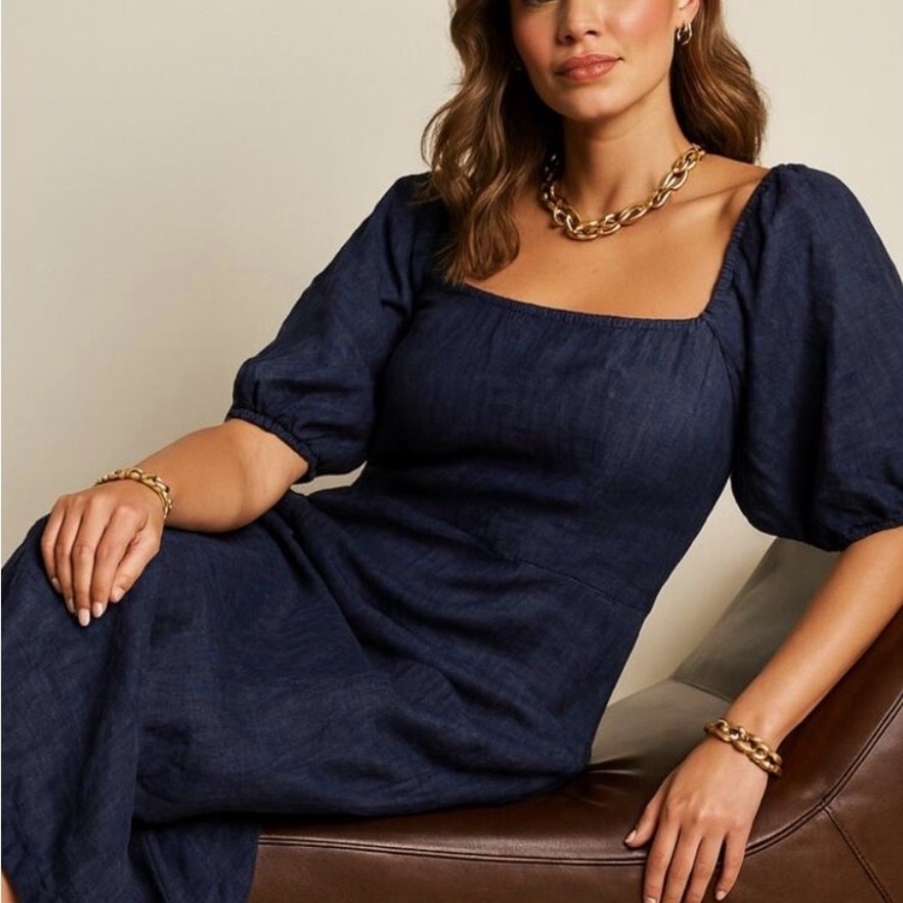 Garnet Hill Midi Dress Linen Puff-Sleeve Square Neck Dark Denim Blue Sz M